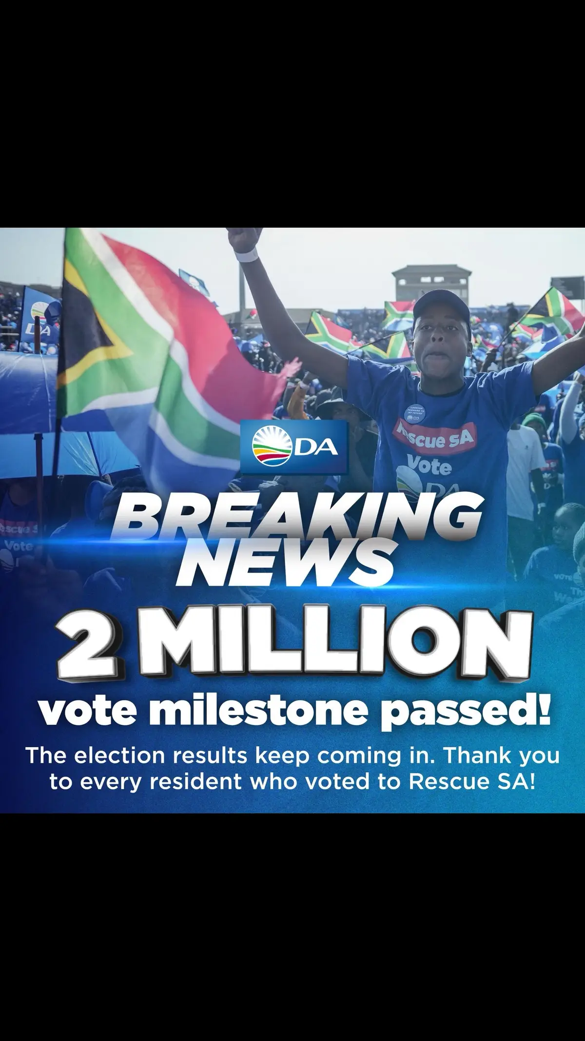 🚨 BREAKING: The DA has now secured over 2 million votes as the counting by the IEC continues. The DA is now unquestionably back to a growth path, after growing in Election 2021 and 2024 consecutively. Thank you for uniting to #RescueSA.  🇿🇦