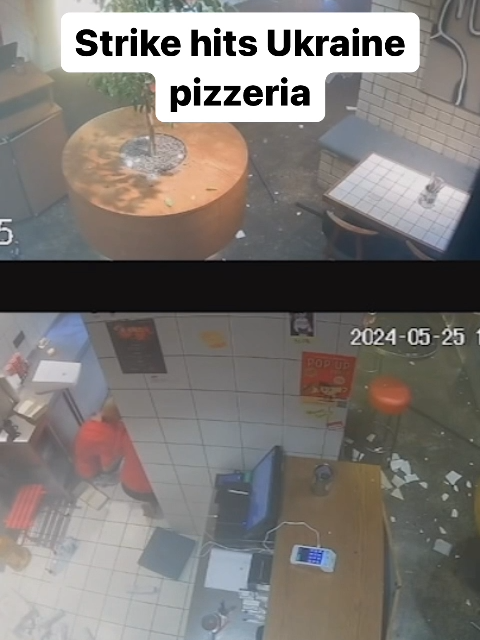 Employees at a pizzeria in Kharkiv, Ukraine, could be seen ducking for cover as a strike hit near the shop on Saturday, May 25. #news #fyp #ukraine