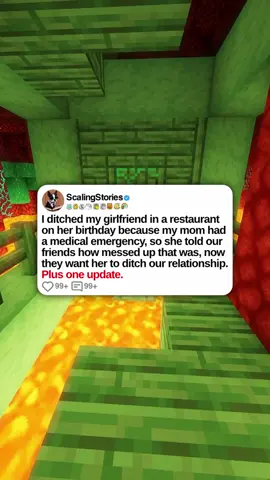 u/BurnerAccount273   I ditched my girlfriend in a restaurant on her birthday because my mom had a medical emergency, so she told our friends how messed up that was, now they want her to ditch our relationship. Plus one update. #scalingstories #storytime #reddit #redditstories