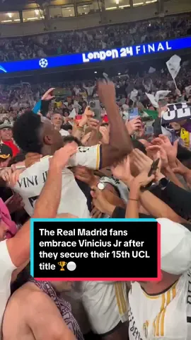 WILD SCENES 😮‍💨 The Real Madrid fans embrace Vinicius Jr after they secure their 15th #UCL title 🏆⚪️ #uclfinal #championsleague #realmadrid #halamadrid #vinicius #viniciusjunior #vinijr 