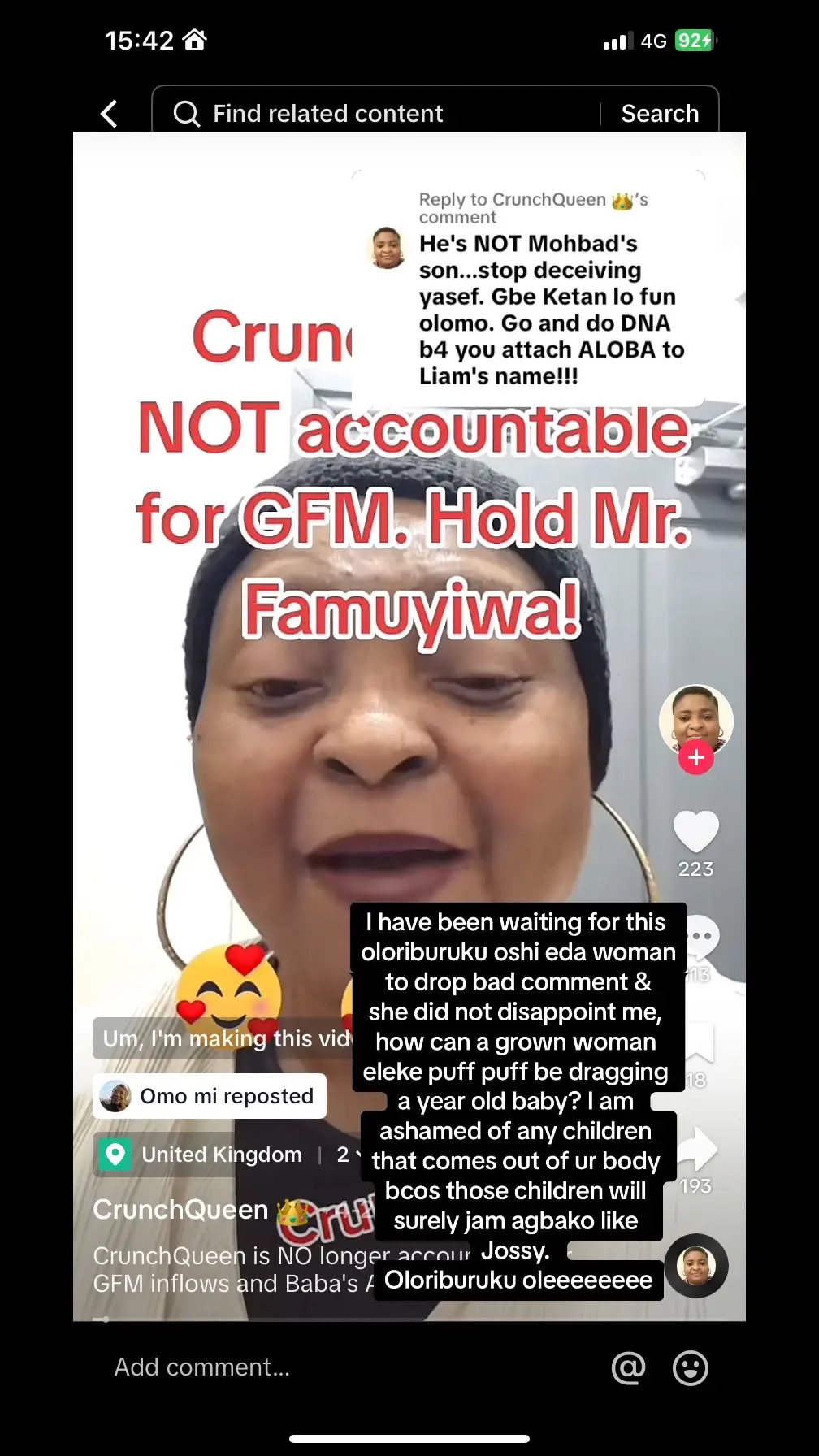 Replying to @CrunchQueen 👑I have been waiting for this oloriburuku oshi eda woman to drop bad comment & she did not disappoint me, how can a grown woman eleke puff puff be dragging a year old baby? I am ashamed of any children that comes out of ur body bcos those children will surely jam agbako like Jossy. Oleeeee