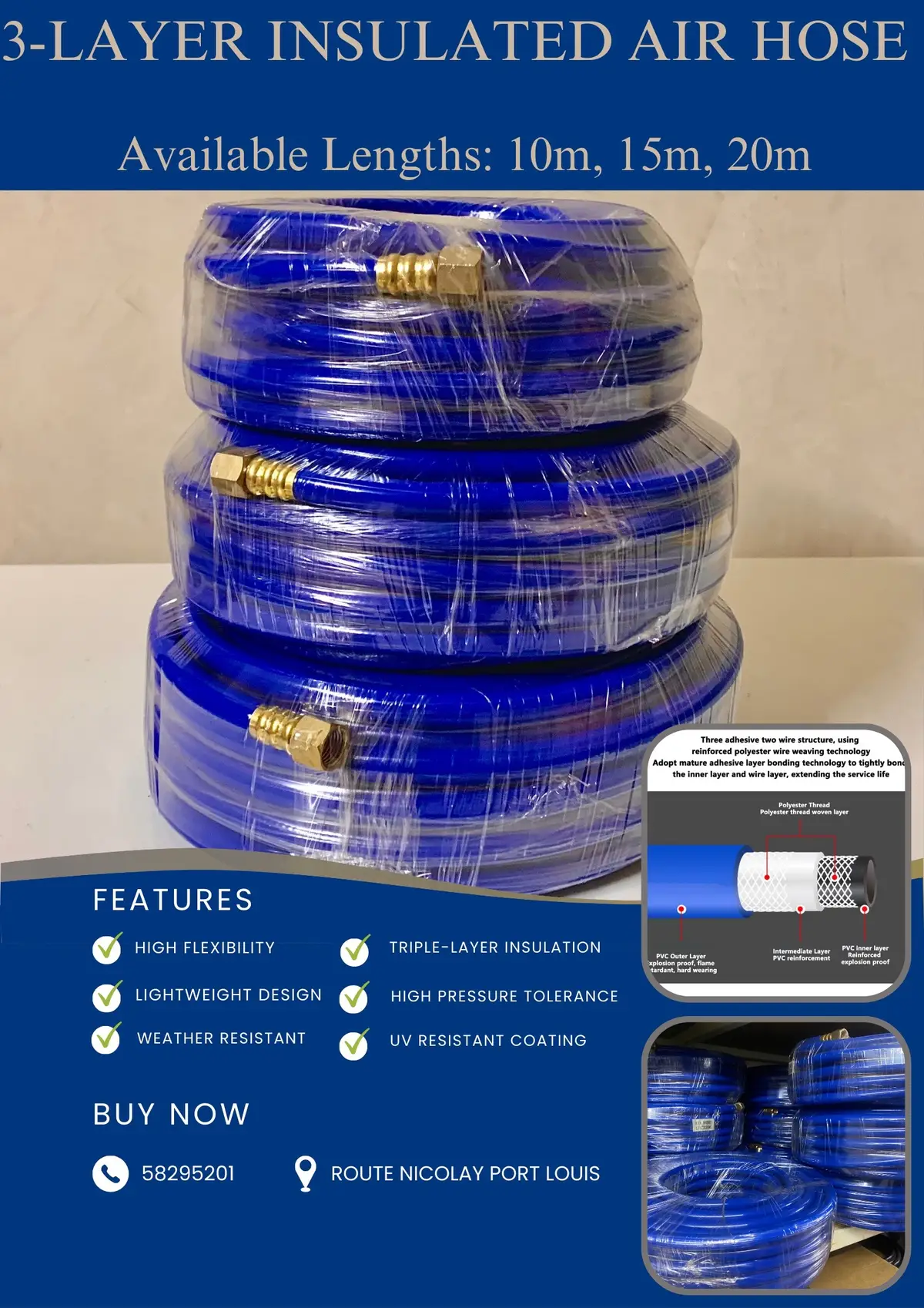Available Lengths: 10m, 15m, 20m Price: Rs 75 per meter Perfect for professionals and DIY enthusiasts alike! Contact Us: For more details or to make a purchase, contact us on 58295201. #AirHose #DurableTools #HighQuality #AffordablePrice #DIY #ProfessionalTools #ShopNow #ProfessionalTools  #mauritius🇲🇺 #230 #portlouis #curepipe #rosehill 