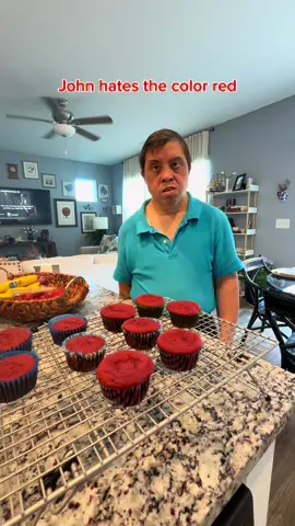 Naomi’s birthday is on Saturday, June 8th! My favorite cake is red velvet with cream cheese icing.  I made these with chocolate chips like the way they make them in Nothing Bundt Cakes.  He really was trying to figure out how he could enjoy these red cupcakes! 🤣 #adultswithdisabilities #specialneeds #downsyndromeawareness #fyp #tiktokfamily #thanksforwatching #tiktokfamous #mybrotherjohndp 