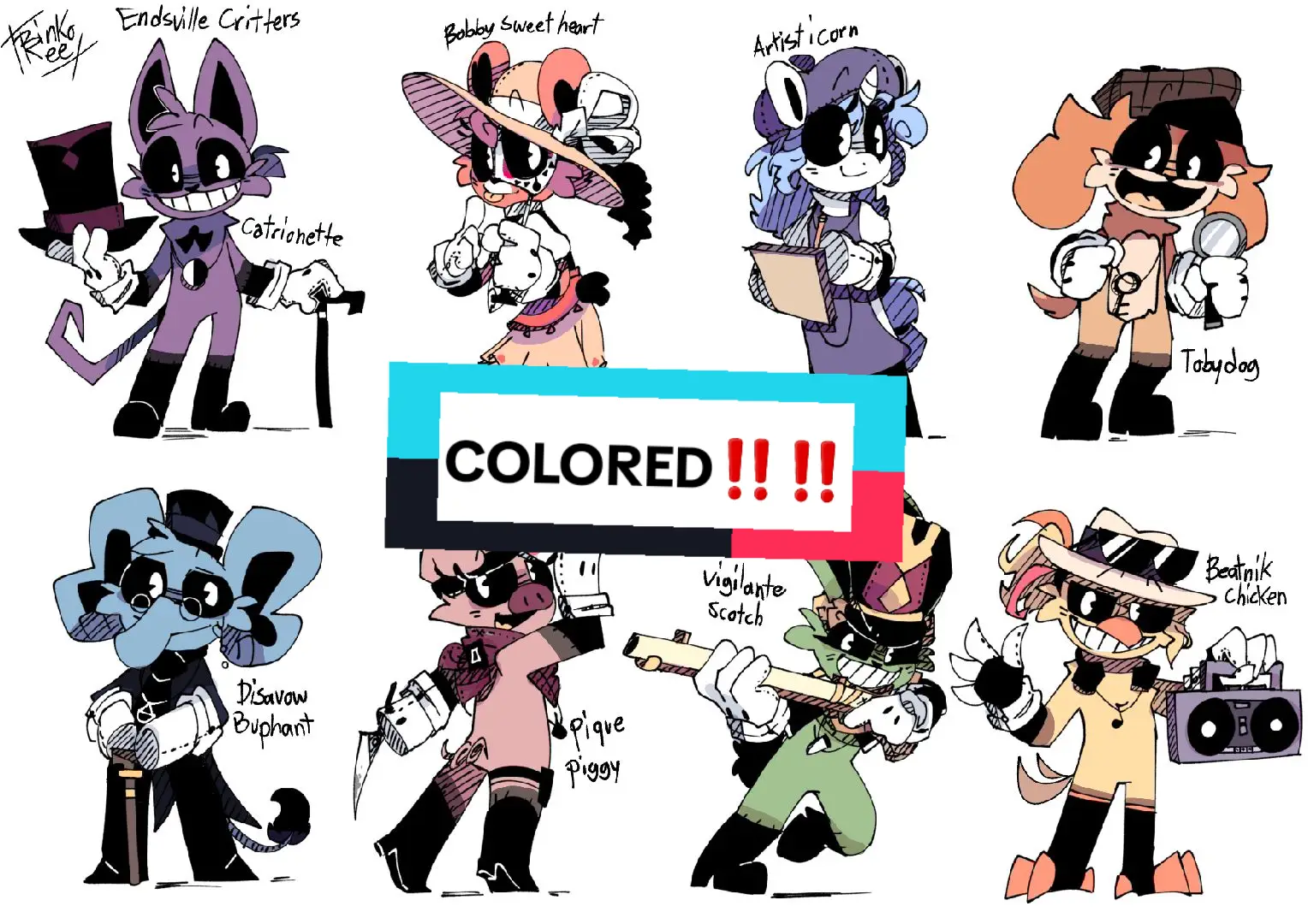 Colored critters.,.,, still gonna color em black and white tho lmao #piquepiggy #beatnikchicken #bobbysweetheart #tobydog #artisticorn #disavowbuphant #catrionette #vigilantescotch #ibispaintx #smilingcrittersau #endsvillecritters #poppyplaytime 