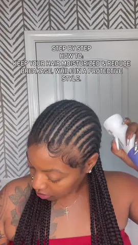 How To: Keep your hair moisturized, minimize breakage & retain length while in a protective style 👇🏾 Step 1: Hydrate your hair, and scalp with water. Wet hair is absorbent & allows products to penetrate the hair shaft vs. sitting right on top. Step 2: Use a light weight leave in conditioner to moisturize. I use @Hairitage by Mindy leave in conditioning spray. I avoid cream leave ins while wearing braids to minimize buildup & residue on the braids, and scalp.  Step 3: Scalp treatment & or oil. One of my personal favorite scalp treatments is @MielleOrganics Rice water & Aloe Vera Scalp Itch Relief. Not only does rice water promote growth, combined with aloe Vera it’s extremely hydrating & soothing 🫶🏾  #hairtok #fyp #fypシ゚viral #braidstyles #naturalhairtiktok  #lengthretention 
