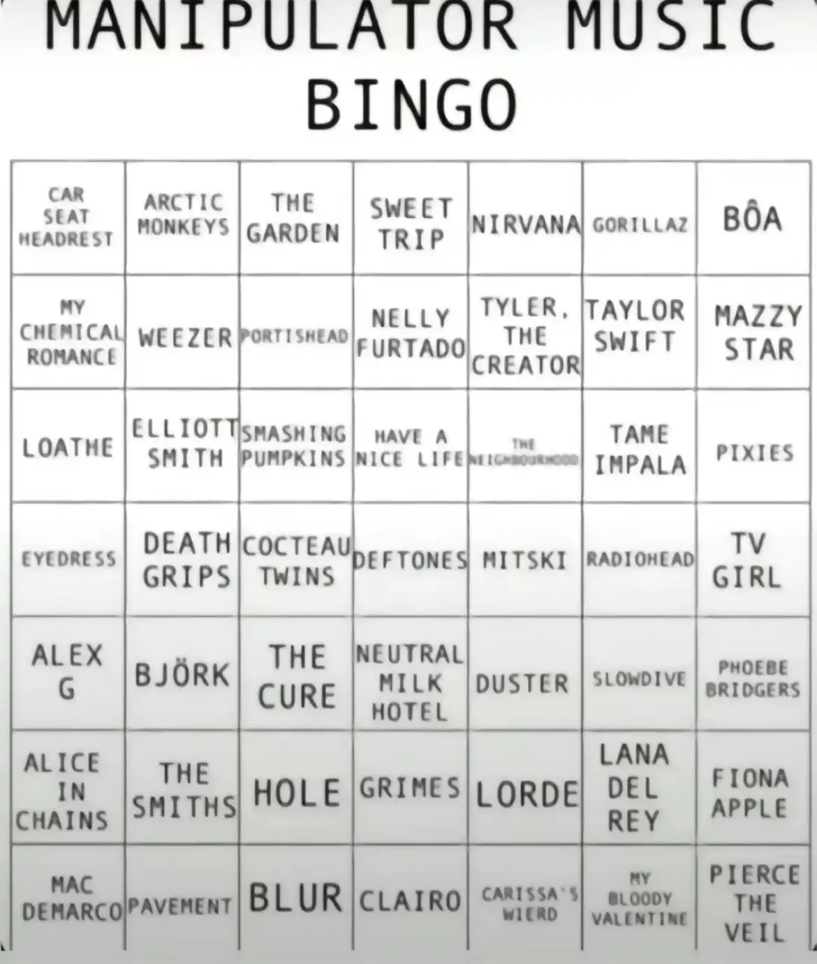 If you like any of these i love you (besides Taylor) #mfdoom #alexg #song #tylerthecreator #deftones #holeband #thecure #thesmiths #tvgirl #aliceinchains #macdemarco #slowdive #lorde 