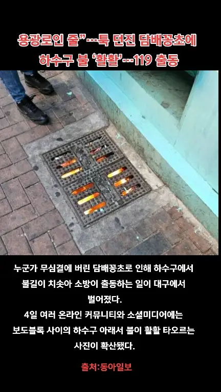 누군가 무심결에 버린 담배꽁초로 인해 하수구에서 불길이 치솟아 소방이 출동하는 일이 대구에서 벌어졌다. 4일 여러 온라인 커뮤니티와 소셜미디어에는 보도블록 사이의 하수구 아래서 불이 활활 타오르는 사진이 확산됐다. #추천 #추천떠라 #kbs ##kbsnews #뉴스 #이슈 #동아일보#세상에이런일이 