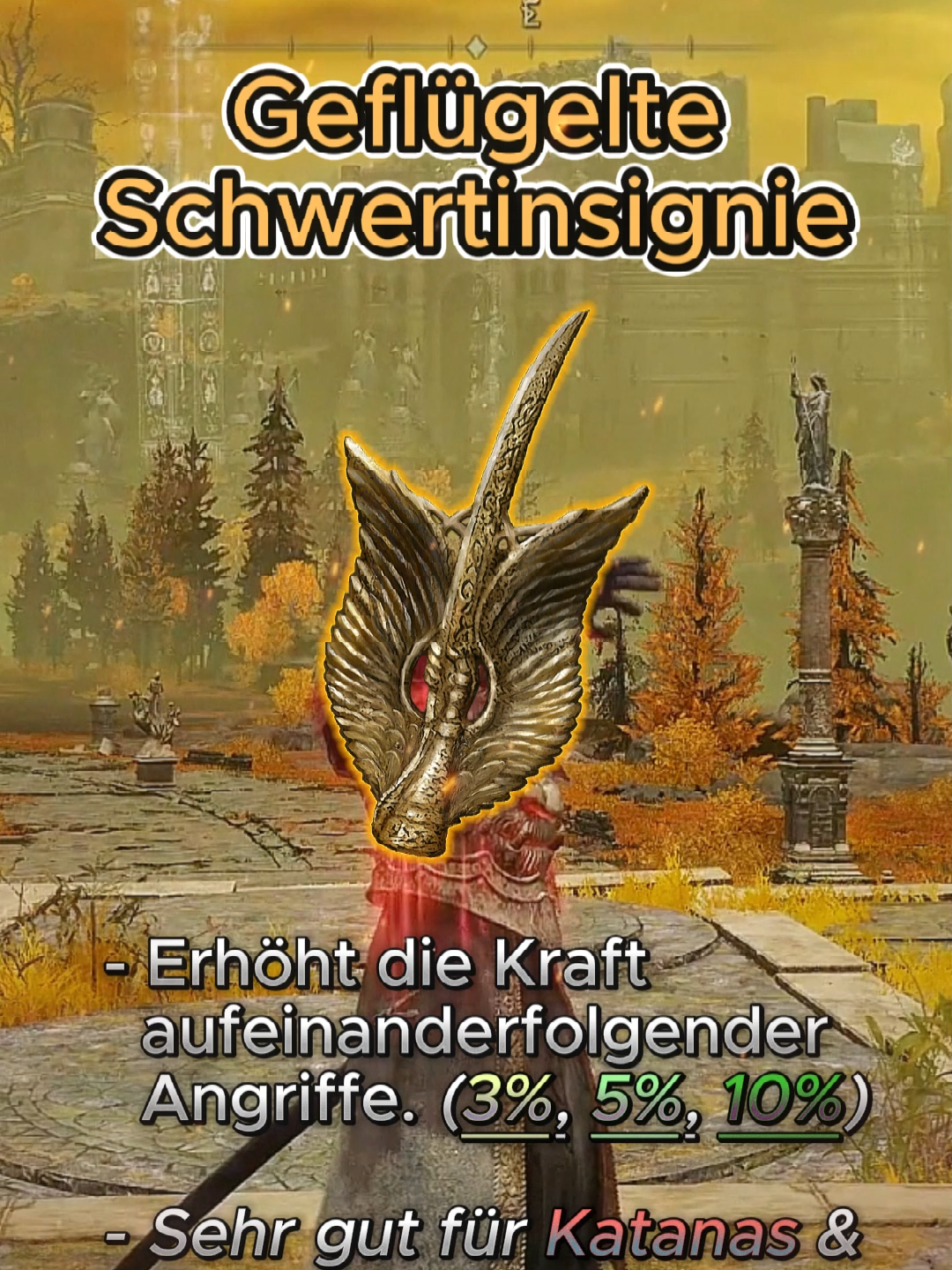 Die Geflügelte Schwertinsignie ist ein Talisman in Eldenring. Sie erhöht die Angriffskraft mit jedem aufeinanderfolgenden Angriff. Bis Maximal 10%! Sie ist sehr gut für Geschicklichkeits-Builds. Fundort: Stillwasserhöhle,Liurnia #eldenring #eldenringgameplay #guide #tipsandtricks #eldenringedit #eldenringhype #eldenringtips #eldenringdlc #tips #GamingTips #gaming #GamingOnTikTok #gamingvideos #gaminglife #gamingclips #game #gamer #games #zocken #soulsborne #soulslike #sword