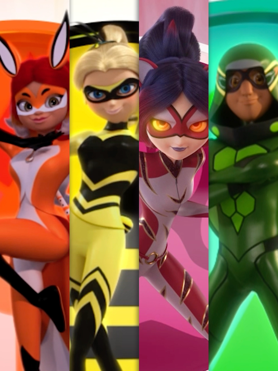 Comment your favorite transformation with emojis! 🐰 🐈‍⬛ 🐞 🐢 🦊 🐝 🐍 🐯 #miraculous #miraculousladybug #transformation #bunnyxmiraculous #catnoir #ladybug #renarouge #carapace #queenbee #viperion #purpletigress #bugnoir