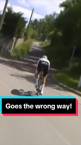 😮“OH NO, he’s gone the wrong way!” Nils Pollit over shoots a bend but is quickly back on course at the Criterium du Dauphiné. 🙌 #roadcycling #cycling