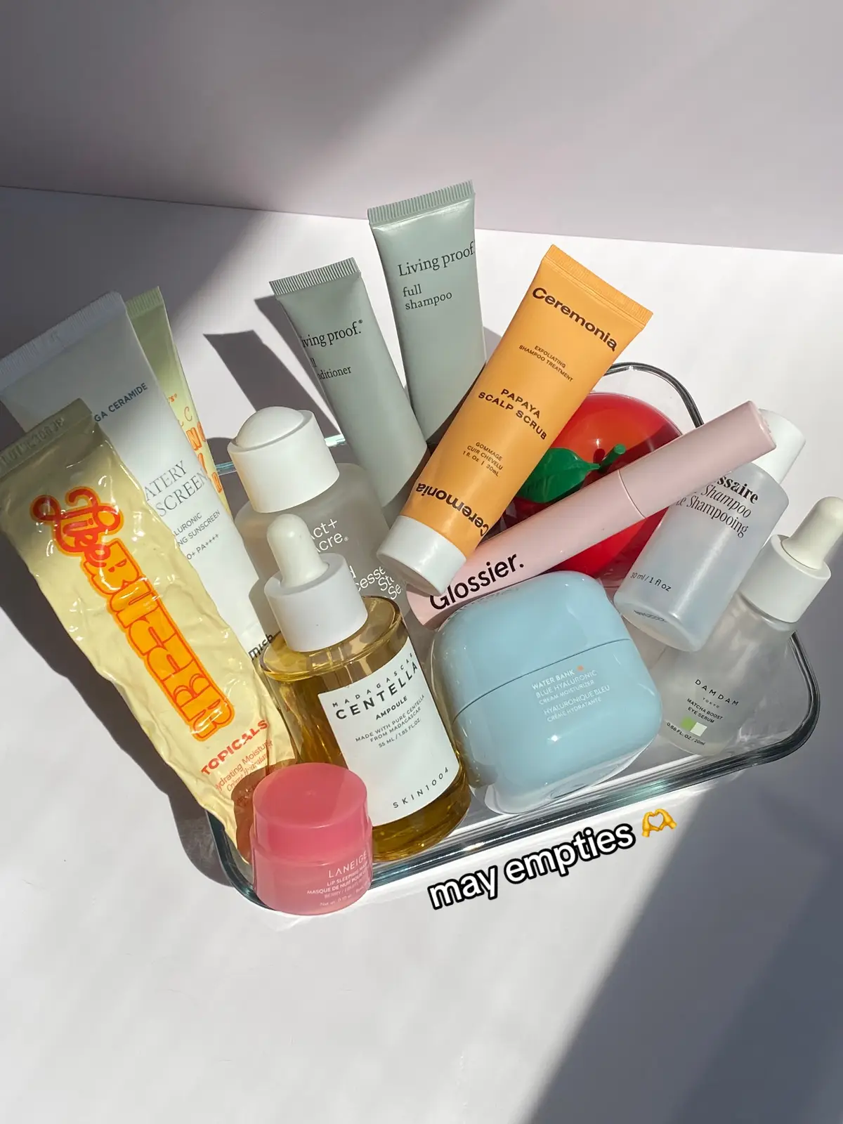 tried out so many new haircare products this month & i found some of my new favs 🥰 #mayempties #glossier #glossierlashslick #ceremonia #necessaire #livingproof #livingproofinc #actandacre #heimish #heimishcosmetic #laneige #topicals #damdamtokyo #skin1004 #centellaasiatica #centella #traderjoes #tonymoly #beauty #skincare #haircare #bodycare  @Glossier @Nécessaire @Living Proof, Inc. @myceremonia @Act and Acre @SKIN1004 Official @DAMDAM US @heimish_cosmetics @TONYMOLY @TONYMOLY USA @TOPICALS @Trader Joe's @laneige_us 