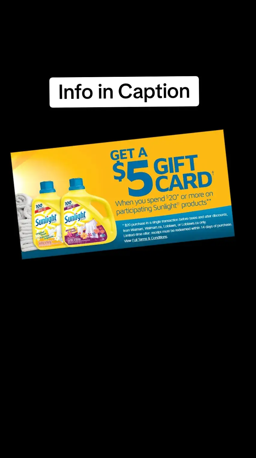 LIMITED-TIME OFFER! Spend $20 on Sunlight products, get a $5 gift card! Here's how: - Spend $20 or more on participating Sunlight products in a single transaction at Walmart, Loblaws, between May 2nd and June 5th. - Fill out the form and upload your receipt within 14 days of purchase. - Receive a digital $5 Walmart or President's Choice gift card, depending on where you made your purchase! Don't miss out on this amazing deal! Stock up on Sunlight products and get rewarded! #Sunlight #PromotionalOffer #GiftCard #LimitedTimeOffer #Walmart #Loblaws #SunlightProducts #Reward