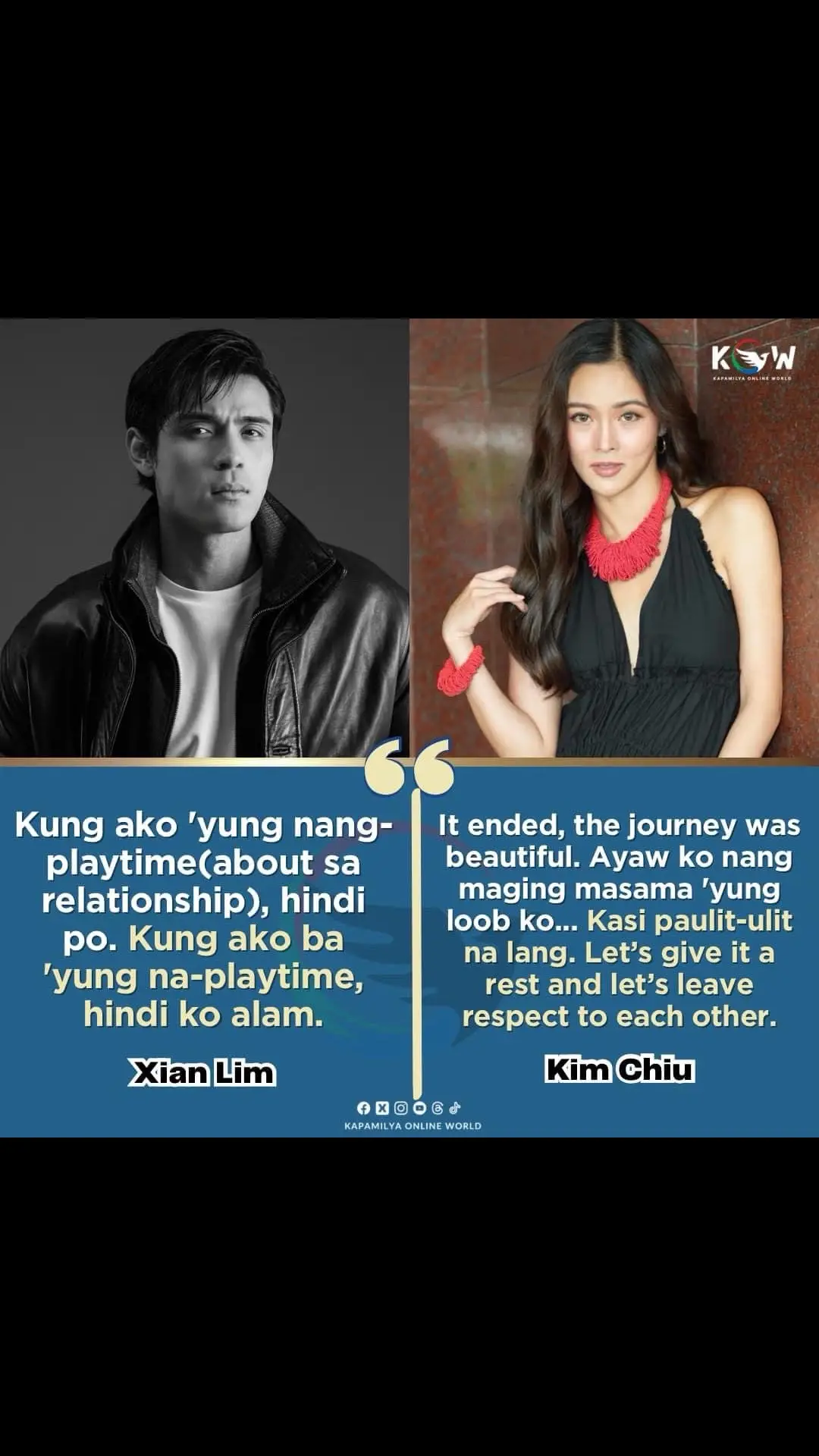 LOOK: Sa magkaibang interview ay natanong sina Kim Chiu at Xian Lim kaugnay pa rin sa nagtapos na relasyon nilang dalawa.  Sa presscon ng pelikula niyang ‘Playtime’ ay natanong si Xian Lim kung maituturing ba niyang Playtime ang naging relasyon nila ni Kim Chiu at agad naman niyang sinagot ito nang, “Kung ako 'yung nang-playtime(about sa relationship), hindi po. Kung ako ba 'yung na-playtime, hindi ko alam.” Samantala sa exclusive interview sa kaniya ni MJ Felipe ay nahingian ng opinyon niya si Kim Chiu kaugnay sa naging sagot na ito ni Xian Lim at sinabi naman niyang, “It ended, the journey was beautiful. Ayaw ko nang maging masama 'yung loob ko... Kasi paulit-ulit na lang. Let’s give it a rest and let’s leave respect to each other.” Nakakaloka naman ito -> https://tinyurl.com/XianLimAtKimChiuStatements #foryou #fyp #trending #philippines #fypageシ #kimchiu 