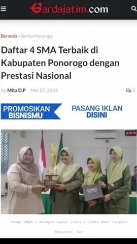 Daftar 4 SMA Terbaik di Kabupaten Ponorogo dengan Prestasi Nasional Gardajatim.com - Menyambut masa penerimaan peserta didik baru (PPDB) 2024, berikut adalah daftar empat SMA terbaik di Kabupaten Ponorogo, Jawa Timur, yang memiliki prestasi nasional berdasarkan nilai Ujian Tulis Berbasis Komputer (UTBK) 2022 yang melebihi rata-rata nasional. Daftar ini dapat menjadi referensi bagi calon siswa dan orang tua dalam memilih sekolah terbaik. 1. SMA Negeri 1 Ponorogo Berlokasi di Jl. Budi Utomo No.1, Ronowijayan, Kec. Siman, SMA Negeri 1 Ponorogo adalah sekolah yang telah berdiri sejak 1960. Fasilitasnya mencakup perpustakaan, laboratorium, dan ruang kelas yang memadai. Sekolah ini memiliki prestasi nasional peringkat ke-289 dan provinsi ke-44 pada tahun 2022, dengan nilai UTBK 2022 sebesar 548,078. SMA Negeri 1 Ponorogo telah terakreditasi A dan menerapkan kurikulum merdeka. 2. SMA Negeri 2 Ponorogo SMA Negeri 2 Ponorogo terletak di Jl. Pacar No.24, Tonatan, Kec. Ponorogo. Sekolah ini berdiri sejak 1979 dan dilengkapi dengan fasilitas perpustakaan, laboratorium, serta ruang kelas yang memadai. Prestasinya termasuk peringkat nasional ke-591 dan provinsi ke-105 pada tahun 2022, dengan nilai UTBK 2022 sebesar 528,049. Sekolah ini juga telah terakreditasi A dan menggunakan kurikulum merdeka. 3. SMA Negeri 1 Badegan Terletak di Jl. Ki Ageng Punuk No.2, Kec. Jambon, SMA Negeri 1 Badegan telah berdiri sejak 1984. Fasilitasnya mencakup perpustakaan, laboratorium, dan ruang kelas. Sekolah ini memiliki prestasi nasional peringkat ke-866 dan provinsi ke-158 pada tahun 2022, dengan nilai UTBK 2022 sebesar 517,278. SMA Negeri 1 Badegan juga telah terakreditasi A dan menerapkan kurikulum merdeka. 4. SMA IT Darut Taqwa SMA IT Darut Taqwa berlokasi di Desan, Pintu, Kec. Jenangan, dan telah berdiri sejak 2013. Sekolah ini menyediakan fasilitas perpustakaan, laboratorium, dan ruang kelas yang memadai. Prestasinya termasuk peringkat nasional ke-928 dan provinsi ke-165 pada tahun 2022, dengan nilai UTBK 2022 sebesar 515,229. SMA IT Darut Taqwa juga telah terakreditasi A dan menggunakan kurikulum merdeka. Informasi PPDB 2024 Jawa Timur Menjelang tahun ajaran baru 2024, para siswa yang akan lulus mulai mempersiapkan diri untuk mengikuti seleksi PPDB 2024. Untuk informasi terbaru seputar PPDB 2024 di Jawa Timur, dapat mengunjungi: - Website Dinas Pendidikan Jawa Timur: [https://dindik.jatimprov.go.id/](https://dindik.jatimprov.go.id/) - Akun Instagram Resmi Dinas Pendidikan Jawa Timur: [www.instagram.com/dindik_jatim/](https://www.instagram.com/dindik_jatim/) Dengan informasi ini, diharapkan dapat meningkatkan semangat belajar siswa agar diterima di SMA impian mereka.  #beritaponorogo #gardajatim #sman1ponorogo #sman2ponorogo #sman1badegan #smaitdaruttaqwa #beritaviral 