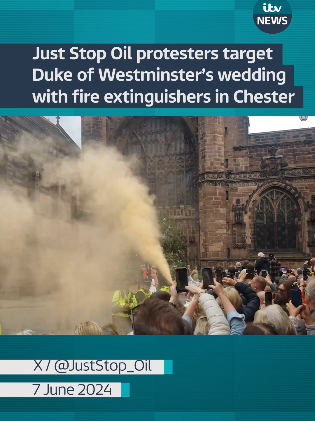 Just Stop Oil protesters target Duke of Westminster’s wedding with fire extinguishers in Chester #itvnews