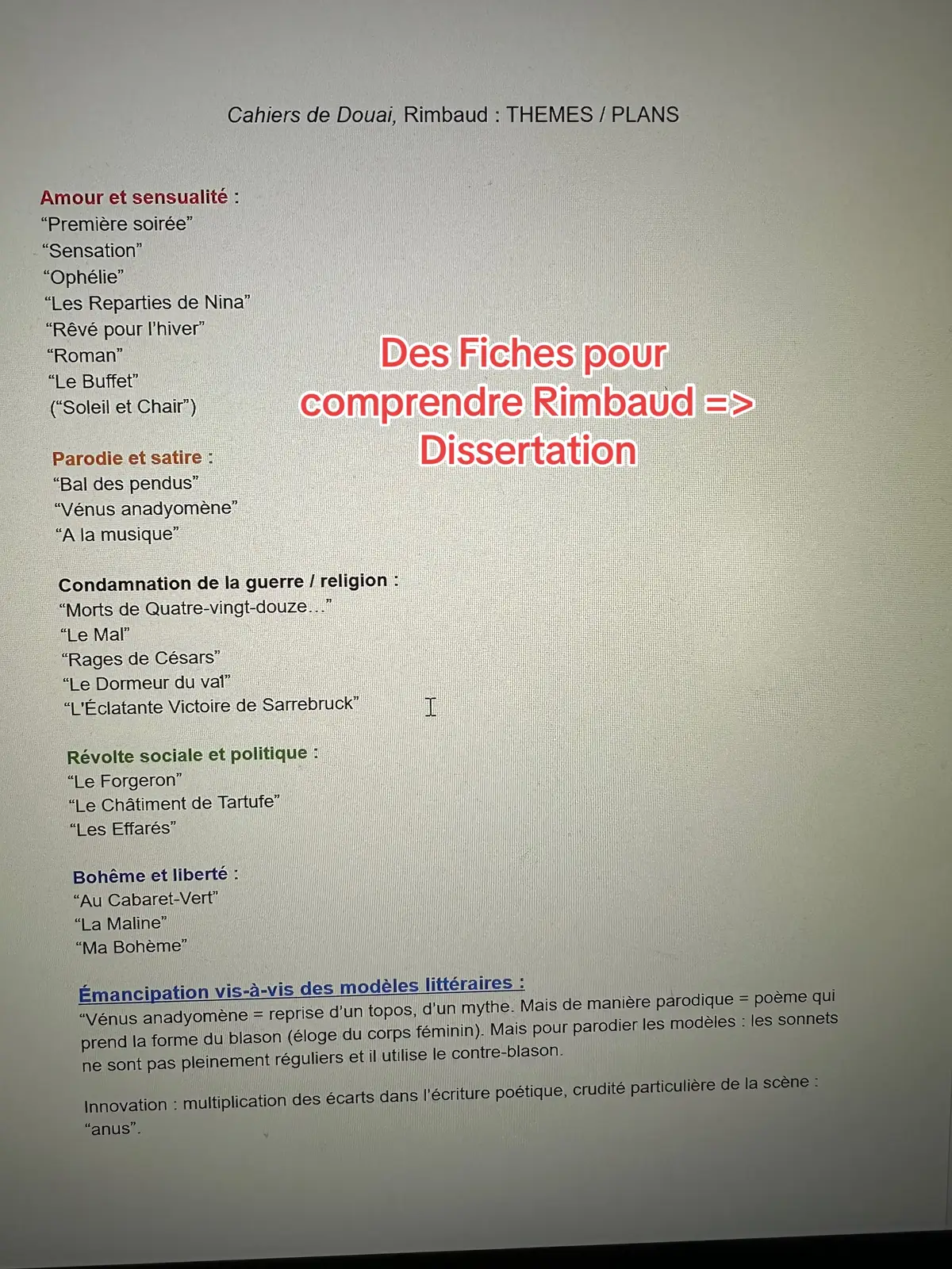 Voici mes fiches pour la dissertation (j’ai eu 20 au bb avec) #astuces #bac #rimbaud #litterature #francais #pourtoi #lycee #fyp #foryou #dissertation 