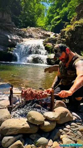 Delicious Kebab by the stream in nature 😋😋  #Cooking #outdoorcooking #meat #kebab #asmr #nature #fypシ゚viral #foryou 