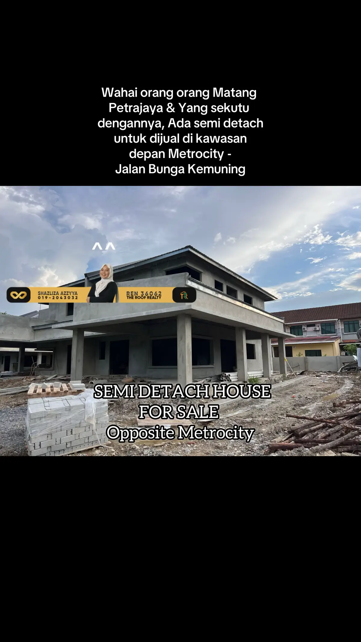 Semi detach untuk dijual di kawasan perumahan opposite McD Metrocity. Contact kamek Sha untuk maklumat lanjut ok 019 204 3032