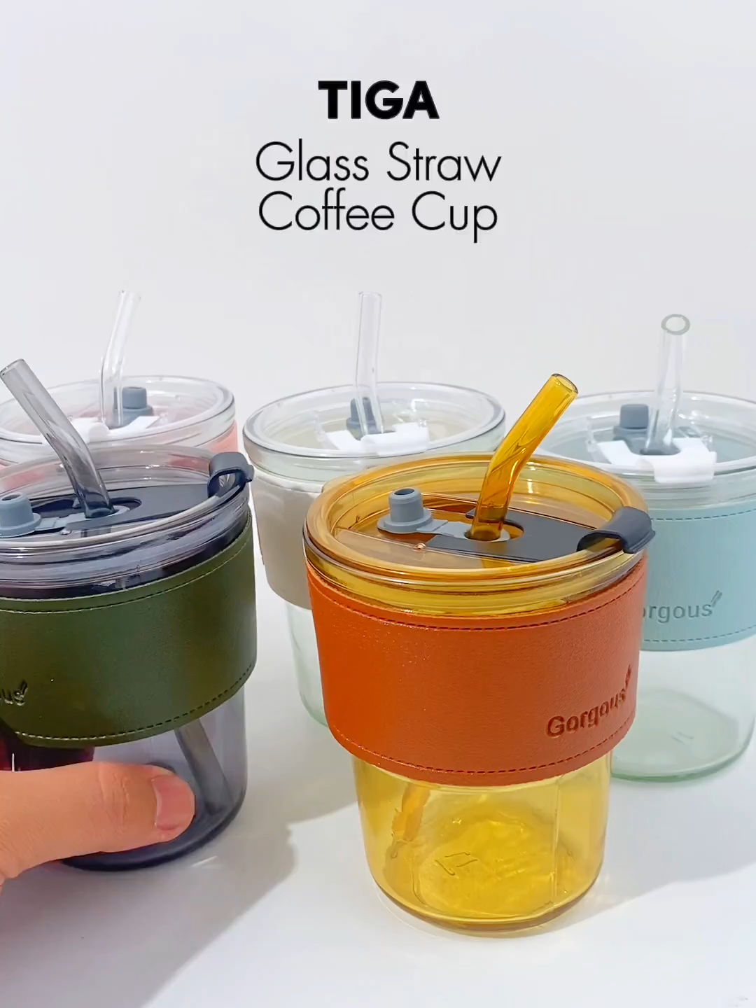 TIGA TIGA 400ml Glass Straw Coffee Cup Leather Cover Hot Cold Resistant Transparent Glass Mug TG00004 Blue Kitchenware #tiga #tigaonlinestore