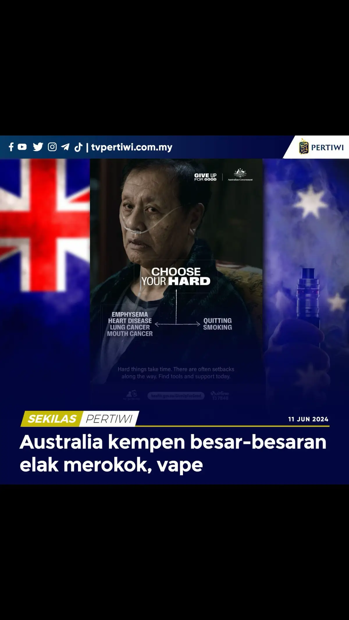 Untuk menggalakkan orang ramai berhenti merokok dan menghisap rokok elektronik atau vape,  kerajaan Australia pada pertama kalinya melakukan kempen besar-besaran antimerokok nasional pertama dalam hampir 10 tahun. Menteri Kesihatan Mark Butler, pada Isnin berkata kempen itu bagi meningkatkan kesedaran tentang bahaya merokok dan menghisap vape dan membabitkan belanja sebanyak AU$63.4 juta (RM197.6 juta). Kempen itu juga buat julung kalinya, akan membabitkan platform TIkTok dalam kempen kerajaan Persekutuan negara itu, selain penyiaran di televisyen, radio dan media sosial. 