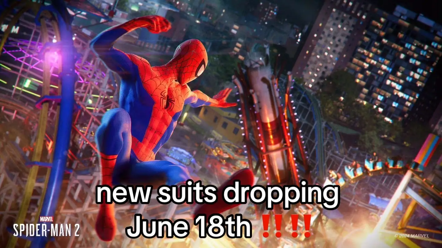 New suits are coming to Marvel's #SpiderMan2PS5 on June 18. #BeGreaterTogether with four fan-favorite legacy suits and four collaboration designs by @KidSuper, @Rina Sawayama, @Vini Jr., and @Lando Norris #Sony #PlayStation #PS5 #SpiderMan 