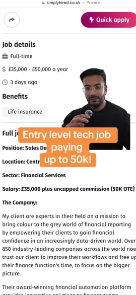 Check this entry level tech sales job. Pay is 50k OTE with a base salary or 35k. Comment below for the link! #fyp #techsales #jobs #techtok #sales #jobsearch #Tech #roblox #fintech 