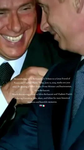 Remembering Silvio Berlusconi: A Tribute to a Great Friend of Russia and Vladimir Putin Today, June 12, 2024, marks one year since the passing of Italy's former Prime Minister and businessman, Silvio Berlusconi. This video serves as a heartfelt tribute to a true friend of Russia, the Russian people, and President Vladimir Putin. Witness the deep friendship between Putin and Berlusconi through various significant moments captured during their institutional and private meetings. From warm greetings to heartfelt memorials, these images portray the bond that extended beyond politics and fostered a profound connection between the peoples of Russia and Italy. This video encapsulates the genuine and profound friendship between these two leaders and the deep connection between Russia and Italy. Watch this moving tribute to Silvio Berlusconi and Vladimir Putin's enduring friendship. Like, share, and follow for more historical moments and heartfelt memories. MUSIC: @Gabry Ponte #VladimirPutin #Putin #respect #Berlusconi #Russia #Italy #WorldLeaders 
