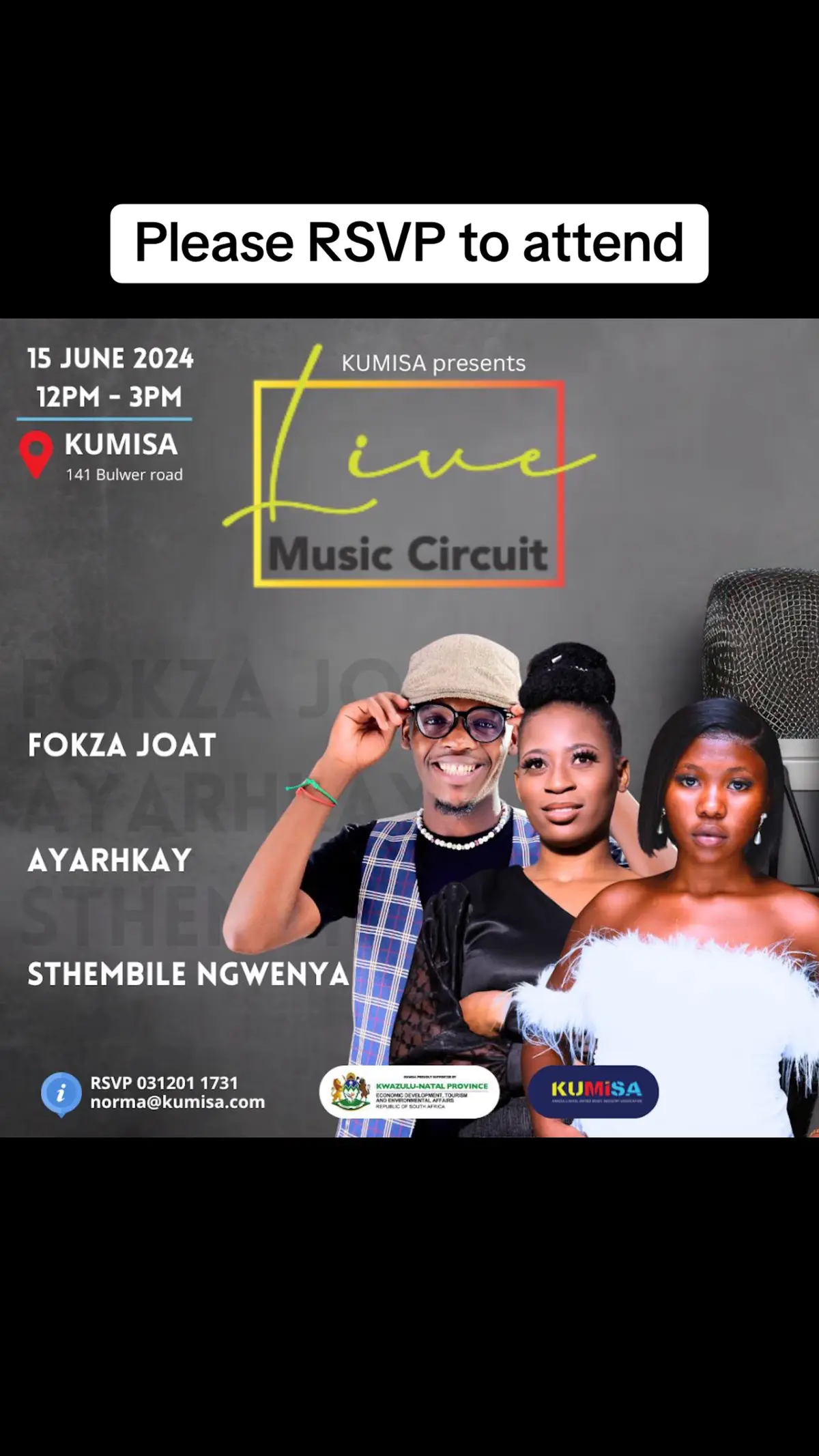 Hey guys I would like to thank you for your participation in making sure am part of the event. We are delighted to invite you to the KUMISA Live Music Circuit, a special event celebrating Youth Month. If around Durban and wanna attend please RSVP. @kumisa_network #youthempowerment #youthmonth2024 #june2024 