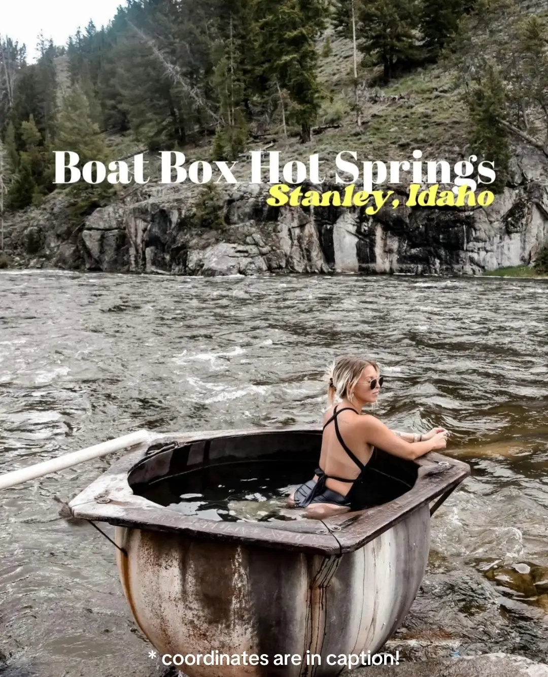 If Boat Box Hot Springs isn’t already on your bucket list, it should be 🤓 This hot spring is set in the most beautiful spot: on the side of a river, surrounded by trees.  How to get there: From the ‘T’ intersection in Stanley, head north on Highway 75 for 3.3 miles. The cauldron will be on your left, along the river’s edge. (It’s immediately after two ‘30mph’ signs- look for steam and a pullout)   How to use: If the cauldron is empty, start by filling up using the white piping that is next to the hot water (it is scolding hot!).   You can add ice cold water from the river (there’s usually a plastic bucket or container) or let the air temperature balance it out.  TIPS:   x The tub is extremely small, with room for 1-3 adults.  x Don’t add any soaps, shampoos, or other chemicals to the water. It could compromise the metal, and pollute the water (and the river!). x If the pullout is full, come back another time! Don’t park on the road x Take your trash (and any that may have been left behind)   Boat Box Hot Springs coordinates: 44.2448647,-114.886138  #traveltok #travelideas #mybucketlist #idaho #stanleyidaho #visitidaho 