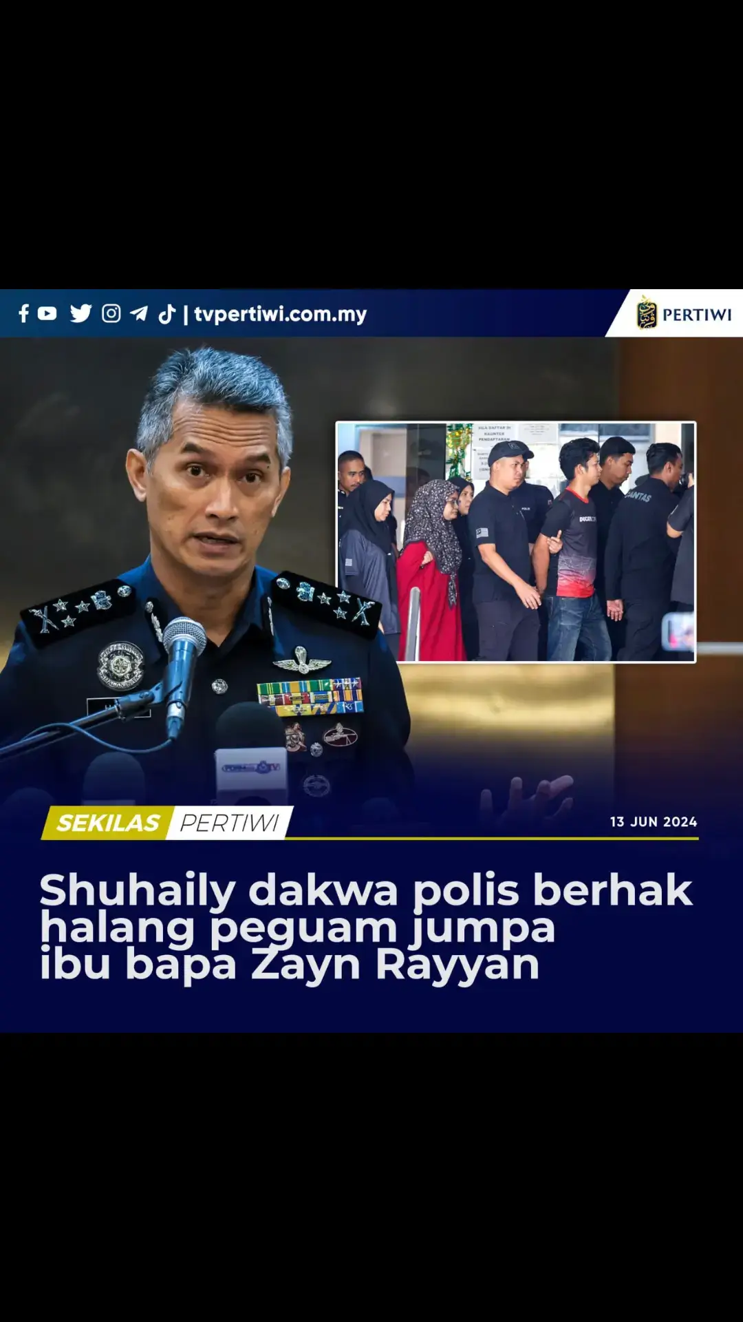 Jabatan Siasatan Jenayah (JSJ) Bukit Aman mendakwa pihak polis berhak menghalang peguam untuk berjumpa dengan ibu bapa kanak-kanak autisme, Zayn Rayyan Abdul Matiin.  Pengarahnya, Datuk Seri Shuhaily Mohd Zain berkata, ia berdasarkan peruntukan Seksyen 28 A (8) Kanun Tatacara Jenayah.  “Polis tidak mempunyai sebarang niat tidak baik semasa menguatkuasakan peruntukan berkenaan kerana fokus polis hanya untuk menjalankan siasatan.  “Segala butiran dan keterangan dalam kes ini adalah penting dan pegawai penyiasat saya sudah melakukan sehabis baik dalam menjalankan amanah yang diberikan,” katanya.  Ibu bapa Zayn Rayyan hari ini mengaku tidak bersalah di Mahkamah Sesyen Petaling Jaya atas tuduhan pengabaian yang mungkin menyebabkan kecederaan.  Sumber BERNAMA Ikuti Tiktok Berita Pertiwi, Telegram TV Pertiwi Official, Youtube Berita Pertiwi: https://www.youtube.com/@beritapertiwi https://www.tiktok.com/@beritapertiwi https://t.me/tvpertiwi #TvPertiwi