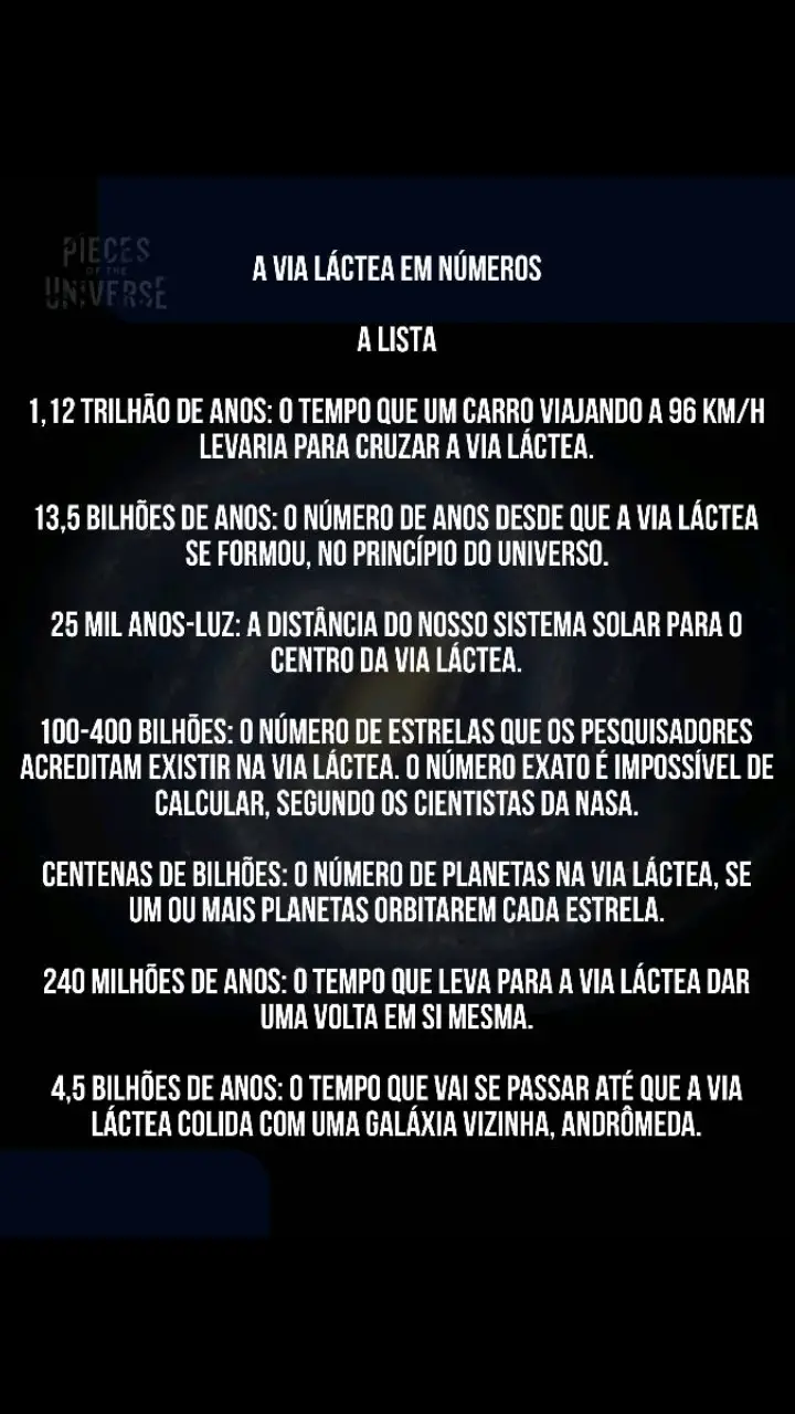 O nosso sistema solar pertence à galáxia Via Láctea, que podemos ver como uma faixa estrelada no céu em uma noite escura. A Via Láctea que conhecemos hoje foi formada pela colisão e interação de muitas galáxias menores ao longo dos últimos 13,5 bilhões de anos. Ela é uma enorme galáxia espiral com dois grandes braços giratórios de estrelas e dois braços menores que se prolongam do seu centro. 🌌 Siga @pieces.of.the.universe para mais conteúdos. 🚀 • • • Fonte: Enciclopédia Britânica para curiosiosos  Tags:#astronomia#Universo#vialactea#cosmos#galaxias#estrelada