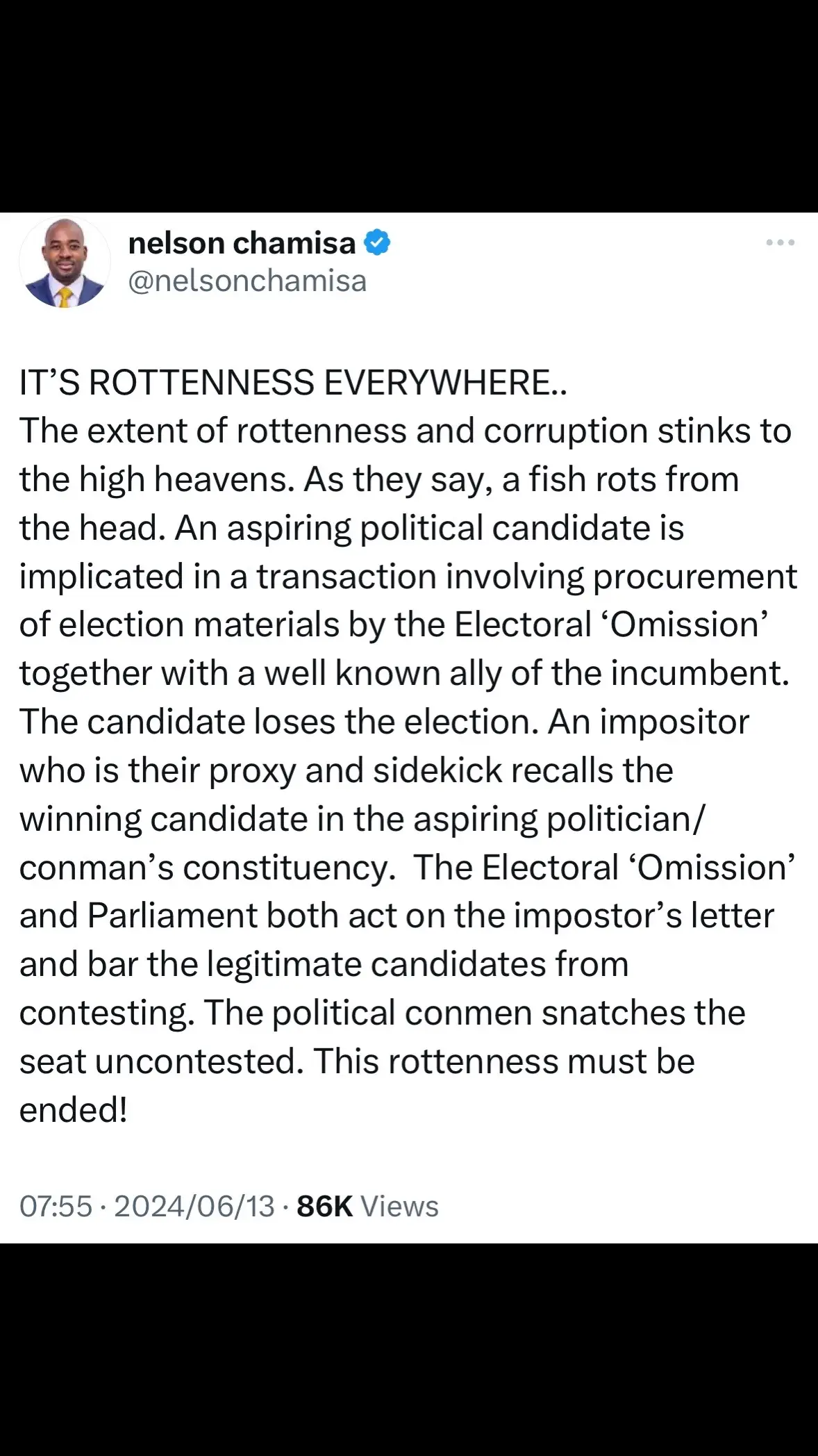 🗳️ Rotten to the Core 🗳️ Nelson Chamisa highlights the deep-rooted corruption within the electoral system. “A fish rots from the head,” they say, and this decay is evident in the manipulation and unjust barring of legitimate candidates. It’s time for change! #EndCorruption #ZimPolitics #zimbabweelections2023 #mayibuyeiafrica🇿🇦🇿🇦🇿🇦🇿🇦🇿🇦🇿🇦🇿🇦 