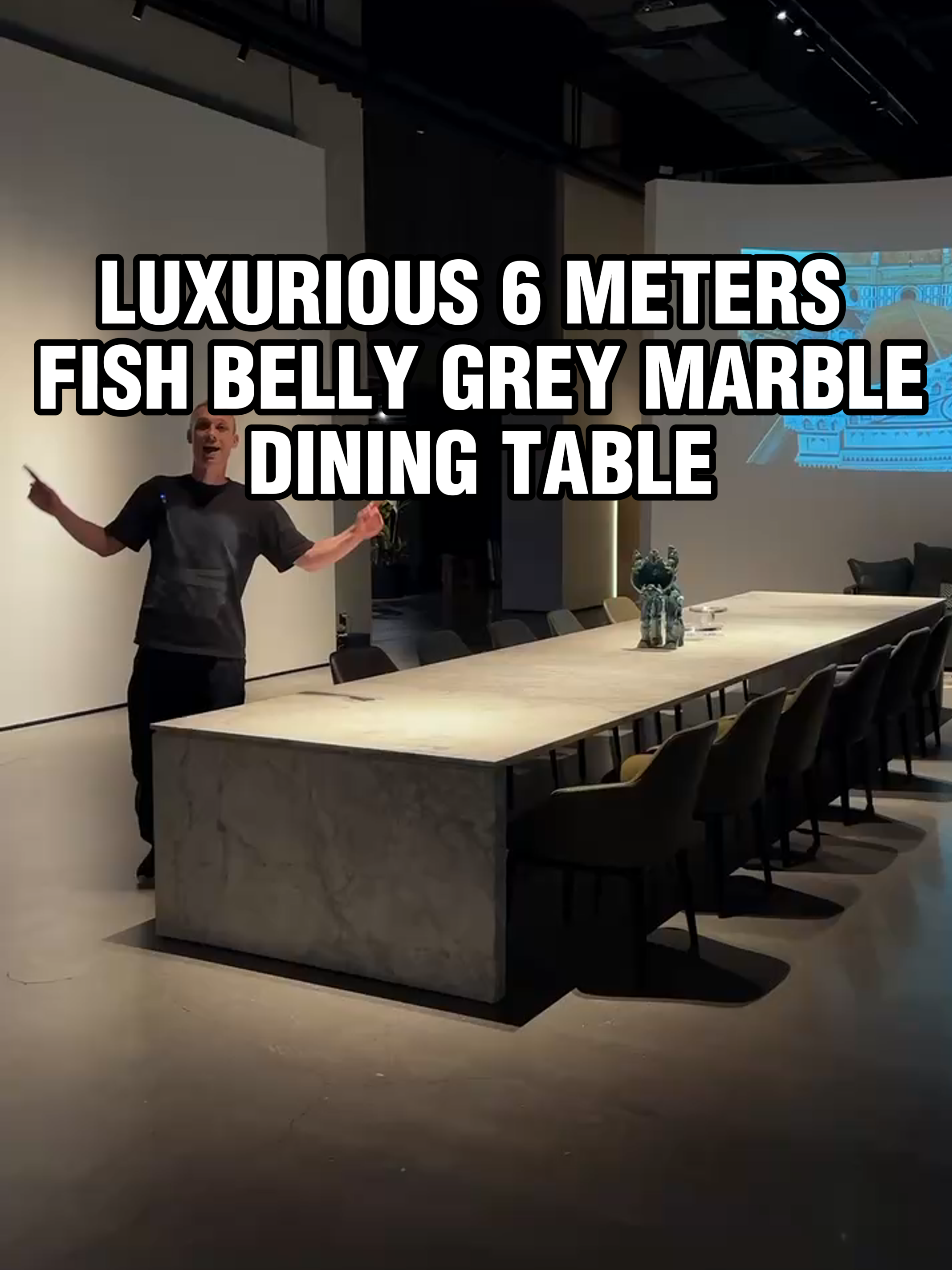 6 meter long Fish Belly Grey Marble Dining table. A luxurious dining table which can be used as meeting table with build in wire less charging function for mobile phone.#cityhousefurniture #furniture #chinafurniture #chinasourcing
