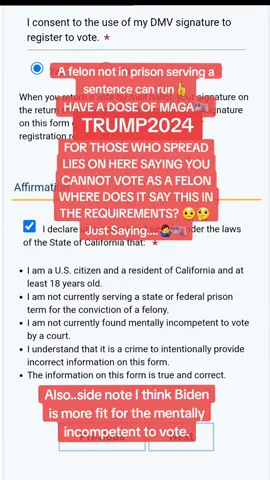 As long as the individual is not in prison currently serving a sentence they are eligible to vote. democrats never have their facts straight #independent #conservative #republican #election #Trump2024 #Trump #MAGA #viral #fyppppppppppppppppppppppp #fyyyyyyyyyyyyyyyy #fypシ゚viral #fypage #fy #foryoupage #foryour ##votered #America #American #usa_tiktok #usa #votetiktok #vote #FJB #sleepyjoe  #joebiden  #donaldtrump @President Donald J Trump 