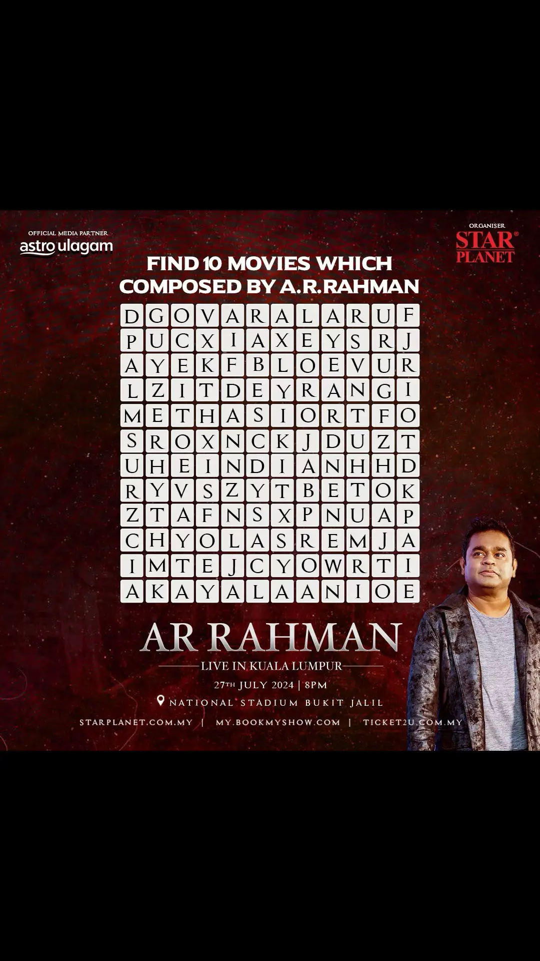 10000 likes, will reveal the answers!  Experience the magic of AR Rahman live in Kuala Lumpur on 27th July 2024 at National Stadium Bukit Jalil!  Tickets are selling fast on BookMyShow and ticket2U.com.my. Don’t miss this unforgettable night! Astro Ulagam is the official media partner for AR Rahman Live In Kuala Lumpur 2024! #starplanet #arrahmanliveinKL2024 #ARRUlagam 