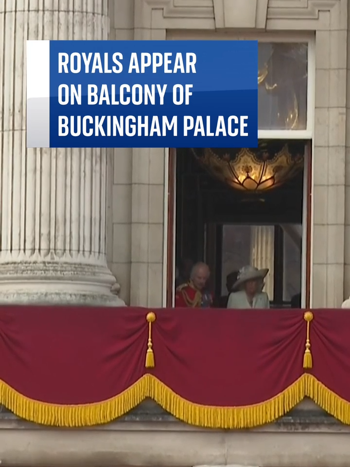 The Princess of Wales joined the King, her husband the Prince of Wales, and other royals on the palace balcony for RAF flypast.  🔗 Tap the link in our bio for more  #skynews #royals #ukroyals #troopingthecolour #kingcharles #princessofwales #katemiddleton