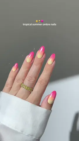 ☀️🍹💕 from pink to yellow, tropical ombre nails for those sunny summer days. *products used are linked on my amzn in the bio  _____ *affiliate #nails #nailart #fruitnails #pinknails  #yellownails #summernails #nailinspo bright nails , almond nails, nail art tutorial, ombre gradient sparkly, neon orange peach nails 