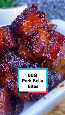 BBQ Pork Belly Bites Ingredients  -500g Pork Belly -4 TBL Ketchup -4 TBL Soy Sauce (Light) -4 TBL Brown Sugar -4 TBL Red Wine Vinegar -1 TBL Garlic Granules -1 TBL Onion Granules -1 TBL Smoked Paprika -1 TSP White Pepper -1 TSP Thyme Method -Start by cutting the pork belly in to equal sized chunks. -Then, mix all of the ingredients in a bowl and pour 1/3 of the sauce in to a separate bowl for later. -Pour the rest of the sauce over the pork chunks and mix until fully coated. -Then, cover and leave for at least 30 minutes or longer. -Then, place the pork evenly spread in the air fryer and cook at 180 for 20 minutes. -Then, brush on the rest of the sauce and cook for 5 more minutes. -Serve and enjoy! #porkbelly #porkbellybites #barsnacks #snacks #EasyRecipe #quickrecipe #quickandeasyrecipe #easysnacks #easysnack #bbq #bbqpork #airfryer #airfryerrecipe #airfryerrecipes  