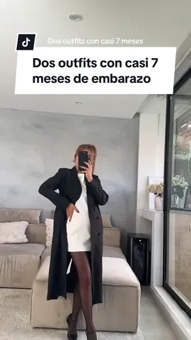 Dos outfits con casi 7 meses de embarazo  1. Casual 2. Formal  ¿Cuál usarías? 