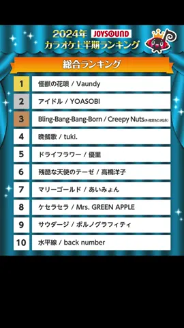 #JOYSOUND 2024年カラオケ上半期 ✨総合ランキング✨ みんなの好きな曲はあったかな？ 感想を教えてね🙌 #カラオケ #ランキング #vaundy #yoasobi #creepynuts #tuki #優里 #trending #fyp