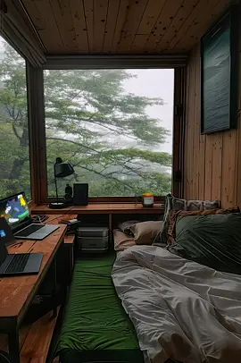 Rainy Reflections: Cozy Bed, Raindrop Melodies, and a Screen View #cozycabin #RainyDay #heavyrain #healing 