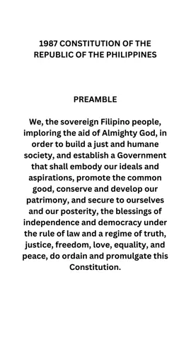 1987 CONSTITUTION OF THE REPUBLIC OF THE PHILIPPINES PREAMBLE We, the sovereign Filipino people, imploring the aid of Almighty God, in order to build a just and humane society, and establish a Gov
