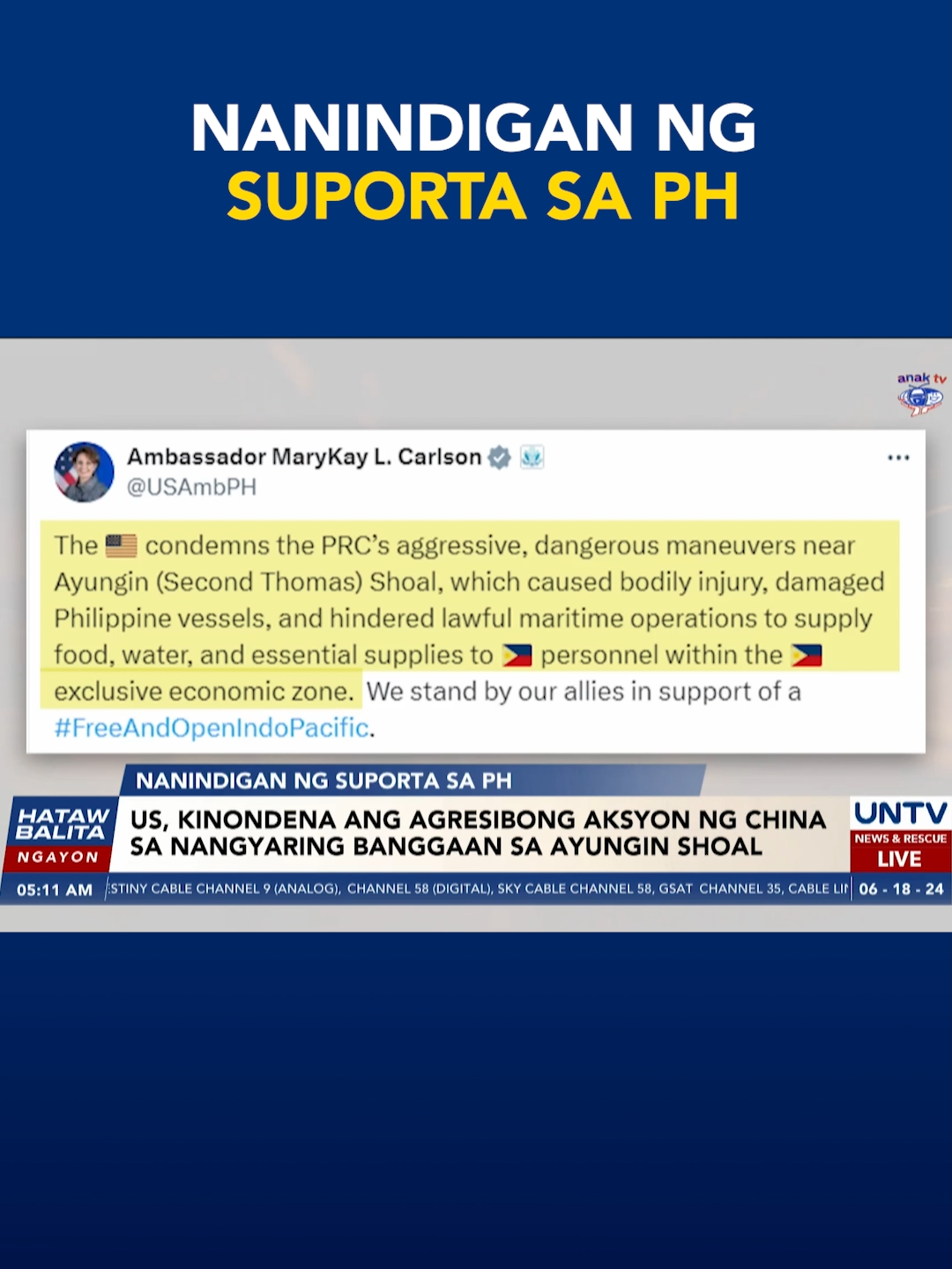 US, kinondena ang agresibong aksyon ng China sa nangyaring banggaan sa Ayungin Shoal #newsph  #untvnewsandrescue  #untv