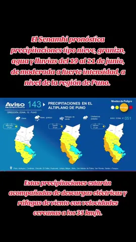 El SENAMHI informa que, entre el miércoles 19 al viernes 21 de junio, se registrarán precipitaciones (nieve, granizo, aguanieve y lluvia) de moderada a fuerte intensidad en el altiplano de Puno. Además, se espera la ocurrencia de granizo en zonas por encima de los 3800 m s. n. m. y nieve en localidades sobre los 4000 m s. n. m. con acumulados próximos a los 5 cm/día. Estas precipitaciones estarán acompañadas de descargas eléctricas y ráfagas de viento con velocidades cercanas a los 35 km/h. El miércoles 19/jun, se esperan acumulados de lluvia próximos a 14 mm/día y de nieve de próximos a 5cm. El jueves 20/jun, se esperan acumulados de lluvia próximos a 16 mm/día y de nieve de próximos a 5cm. El viernes 21/jun, se esperan acumulados de lluvia próximos a 16 mm/día y de nieve de próximos a 5cm. Provincias de posible afectación: Puno, Azángaro, Carabaya, Chucuito, El Collao, Huancané, Lampa, Melgar, Moho, San Antonio de Putina, San Román, Sandia y Yunguyo. #senamhi  #regionpuno  #puno  #lluvias  #granizo 