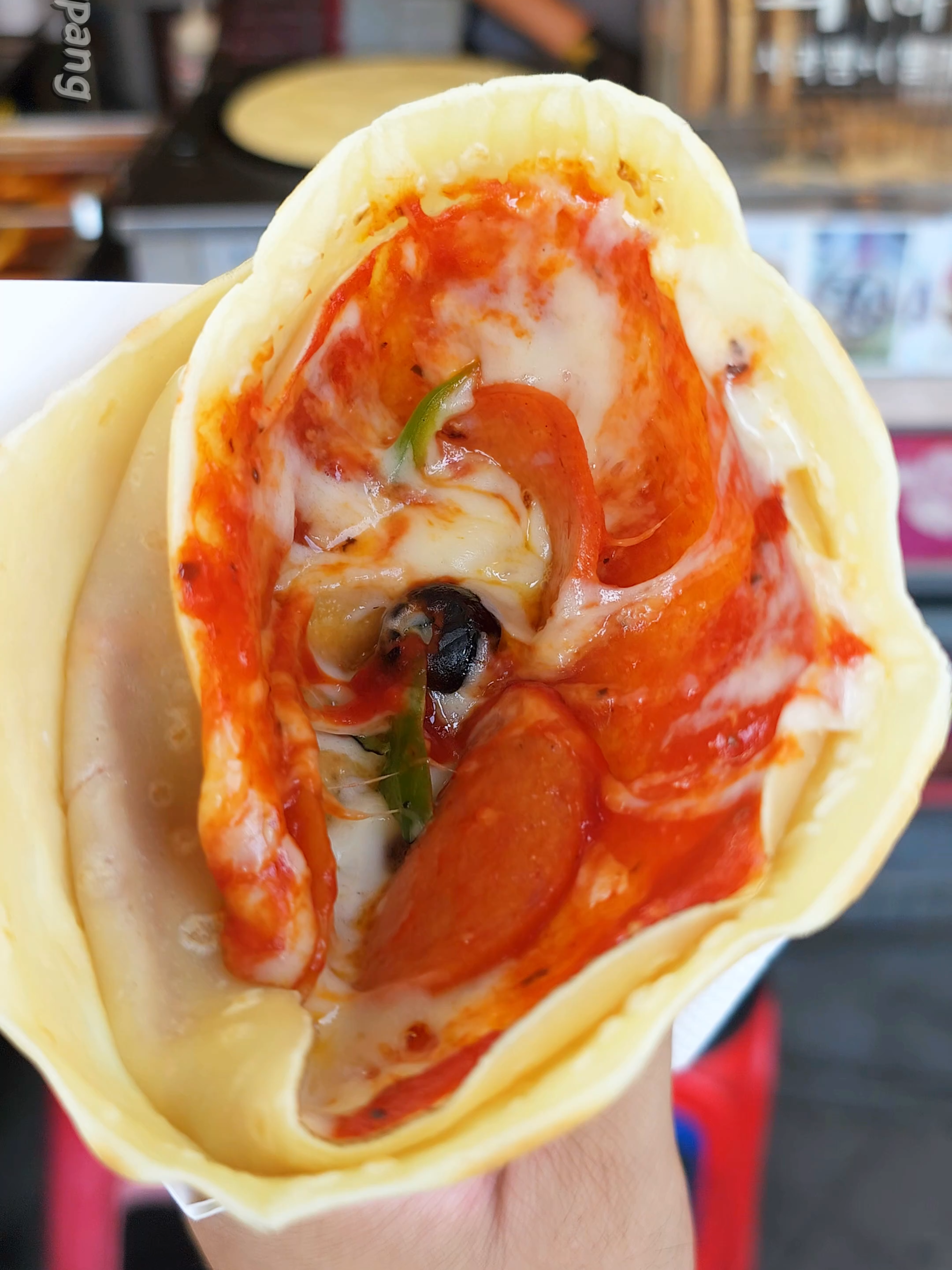 Is it pizza? Is it a crepe? Crepes pretending to be pizza #tiktokfood #fyp #crepe #pizza #seoul