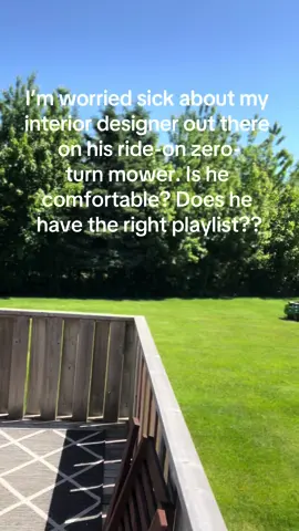 Im worried sick about my interior designer creatong instalments on the lawn with his zero-turn ride-on mower. Is he comfortable?? Does he have the right playlist?! #johndeere #rideon #interiordesigner #hgtv #comedyvideos #viralvideostiktok #comediansoftiktok #husbandsoftiktok #marriagehumor #lawnmower 