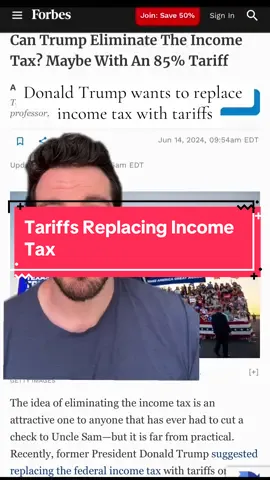 Glancing around this app, people are celebrating this, but they shouldn’t be… Donald Trump came out and said he’d like to get rid of the income tax, and replace it with tariffs. This is one of the most egregiously ridiclous claims he’s ever made, and an idea with no legs when it comes to economic policy. #donaldtrump #trump #biden #joebiden #taxes #incometax #economy #economics #breakingnews #politics 
