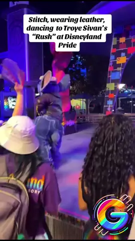 Stitch, wearing leather, dancing  to Troye Sivan’s “Rush” at Disneyland Pride #Pride #pridemonth #pridetogether #lgbt #lgbtq #lgbtqia #disney #disneyland #paris 