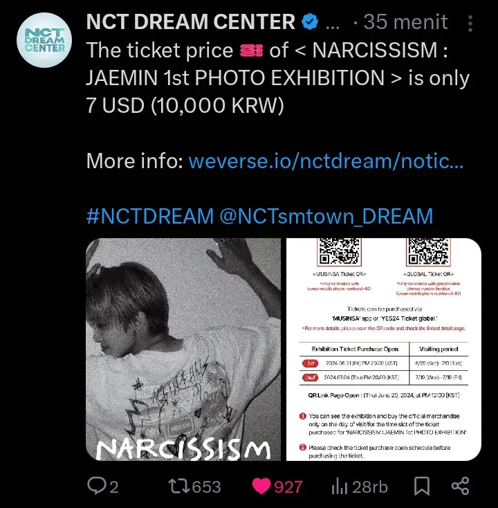 lebih murah daripada exhibition fansite 😭 padahal sering curhat di bubble kalo harga sewa venue itu mahal, eh harga tiketnya cuma 10ribu won alias 100ribuan 😭 sekelas jaemin, artis sm, ini termasuk murah banget. semoga sukses exhibitionnya nana 💙 #nctdream #jaemin 