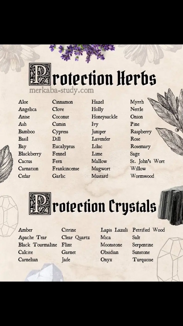 Shield your energy with powerful herbs and crystals! 🌿✨ Discover the protective magic of sage, rosemary, black tourmaline, and amethyst. #Witchcraft #ProtectionMagic #HerbalMagic #CrystalHealing #EnergyProtection #MysticArts